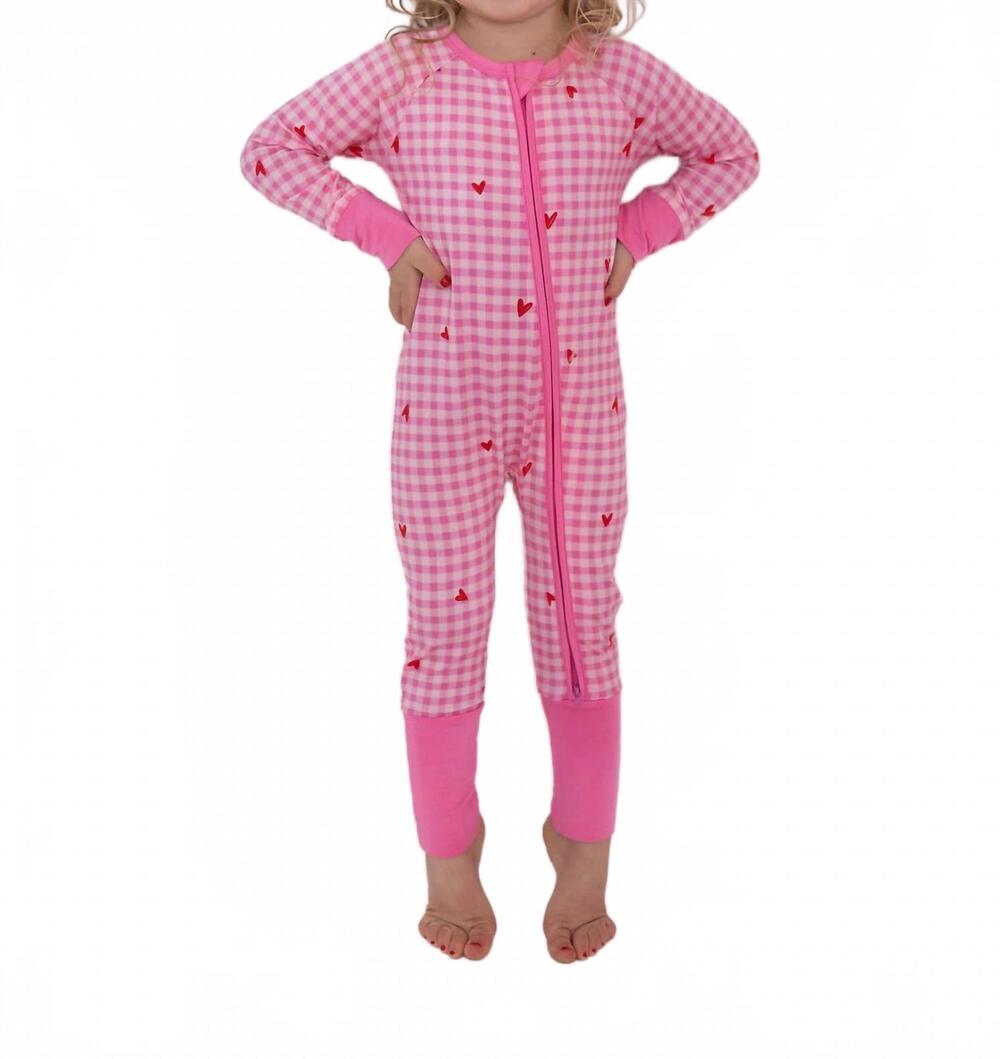 NEW IN MY JAMMERS kids' zipper romper in be mine gingham